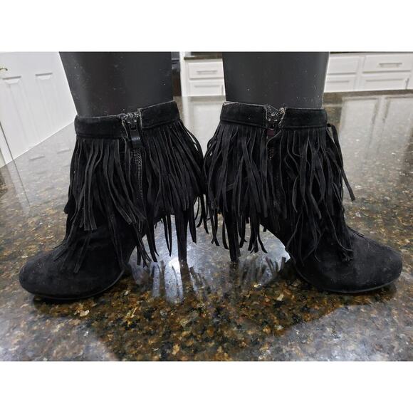 Forever Fringe Booties Women's 7.5 Black Suede Round Toe Stiletto Heel Side Zip - Picture 14 of 15